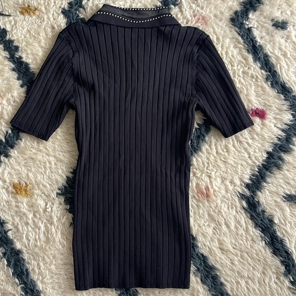 SANDRO PARIS BLACK KNIT TOP- Polo Ribbed Rhinestone Collar Size M - Picture 3 of 4